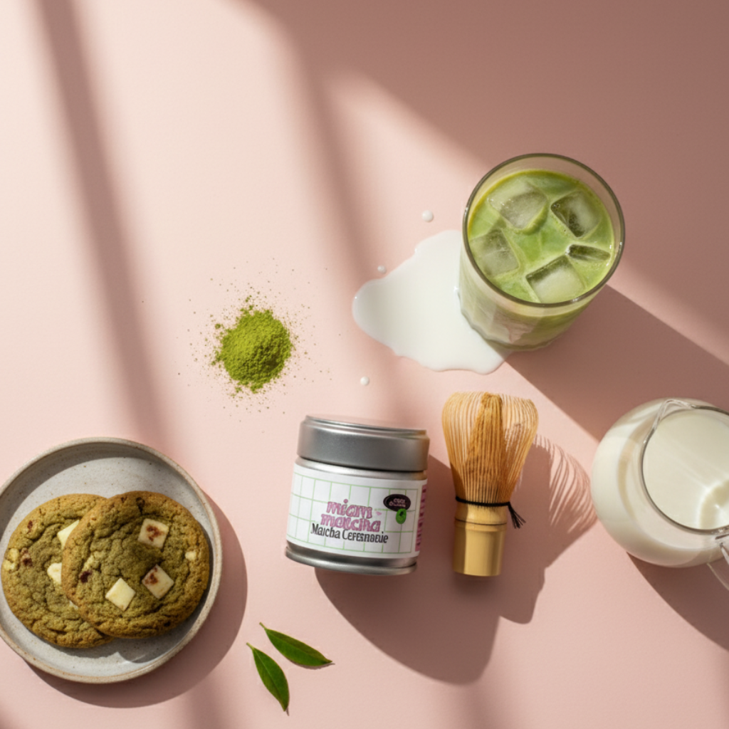 Matcha latte glacé, boîte Miam Matcha et chasen, une alternative au café